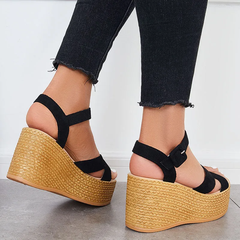 Criss Cross Platform Wedge Heel Sandals Open Toe Ankle Strap Shoes