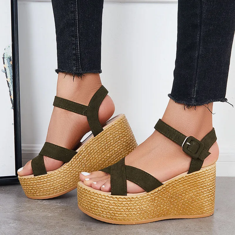 Criss Cross Platform Wedge Heel Sandals Open Toe Ankle Strap Shoes