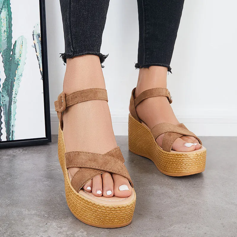 Criss Cross Platform Wedge Heel Sandals Open Toe Ankle Strap Shoes