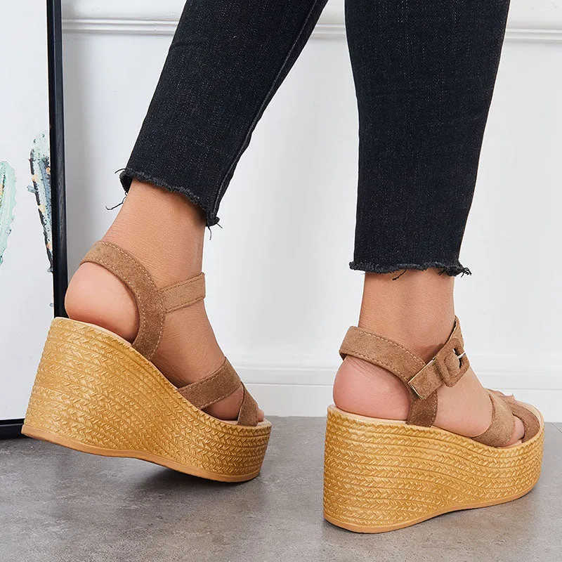 Criss Cross Platform Wedge Heel Sandals Open Toe Ankle Strap Shoes
