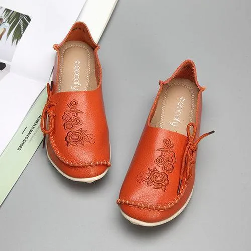 Large Size Floral Print Soft Flat Leather Loafers