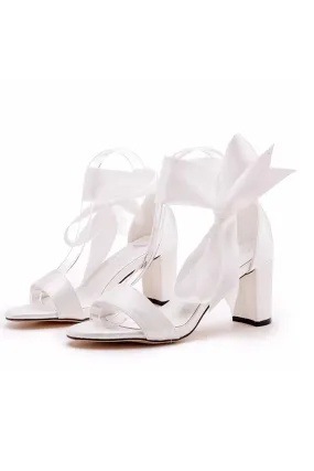 Wedding Shoes Peep Toe Sandals Chunky Heel Satin With Ribbon Tie Bow-Knot